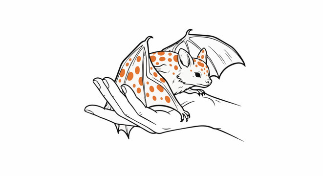 A delicate bat with orange spots rests gently on an open hand