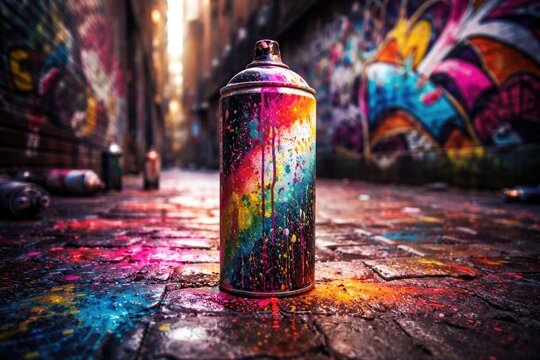 Eye catching spray paint can on a radiant stone alley adorned with expressive paint spatters and elaborate graffiti wall paintings
