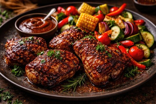 Herb garnished barbecue chicken thighs marinated with spices served with fresh vegetable medley and rich sauce