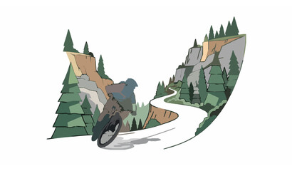 Mountain biking adventure on winding forest trail with cliffs vector illustration © MdMasud