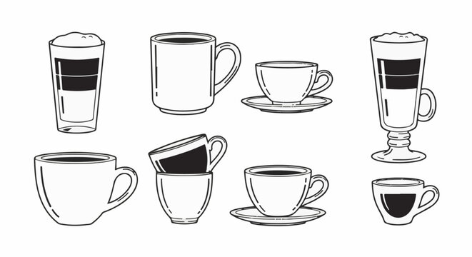 A collection of assorted coffee drinks in various cups and glasses