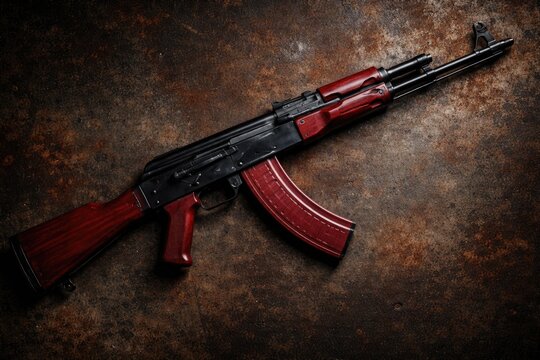 Copy space image showing a red AK 47 rifle placed on an aged rustic metal backdrop