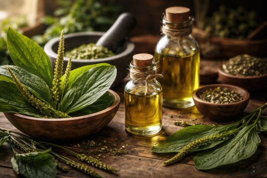 Alternative medicine setup with plantain leaves and plantain oil bottles for herbal uses