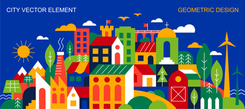 Geometric city illustration with European houses on island, abstract architecture composition in flat design