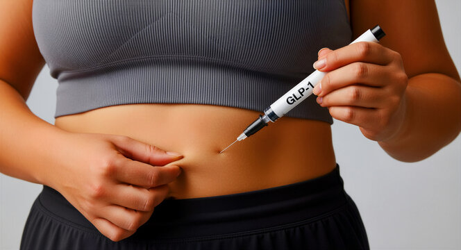 Woman injecting GLP-1 medication into her abdomen. Patient using a weight loss injection pen for obesity treatment or diabetes management. Medical innovation concept for healthcare marketing.