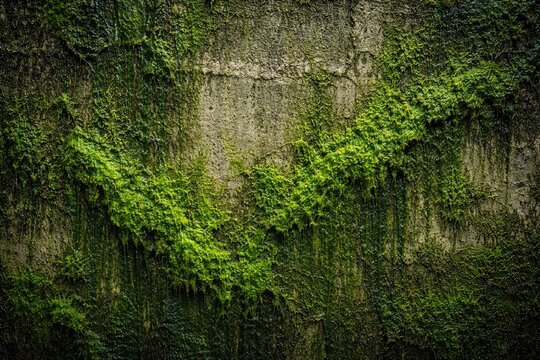 Fresh green algae biofilm on aged concrete wall texture background