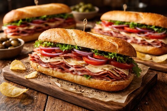 Artistic presentation of hoagie sandwiches captured on a natural wood table