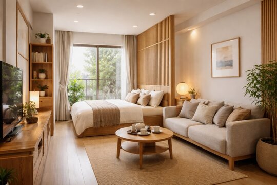 Japanese inspired small condo interior with white walls and wood furniture featuring sofa and bedroom