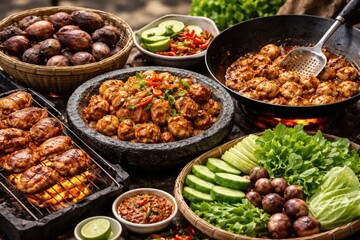 Obraz premium Cooking jengkol fruit by grilling and frying with fresh vegetable option
