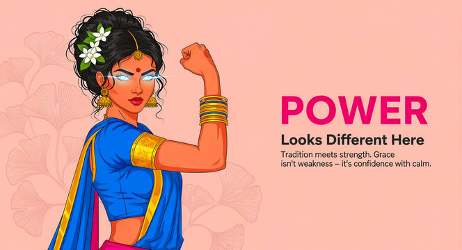 Indian woman in traditional sari flexing bicep with glowing eyes. Illustration featuring cultural jewelry and floral patterns. Female empowerment concept ideal for diversity and strength campaigns.