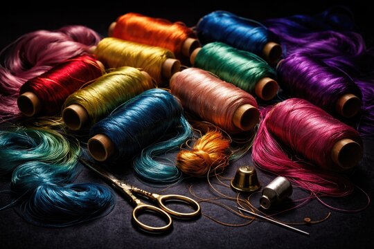 Assorted colorful silk threads laid on deep black surface for needlework