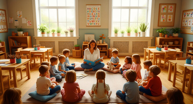 Teacher reading storybook to children in sunny classroom. Young students sit on rug during kindergarten story time. Early childhood education and literacy concept for marketing.