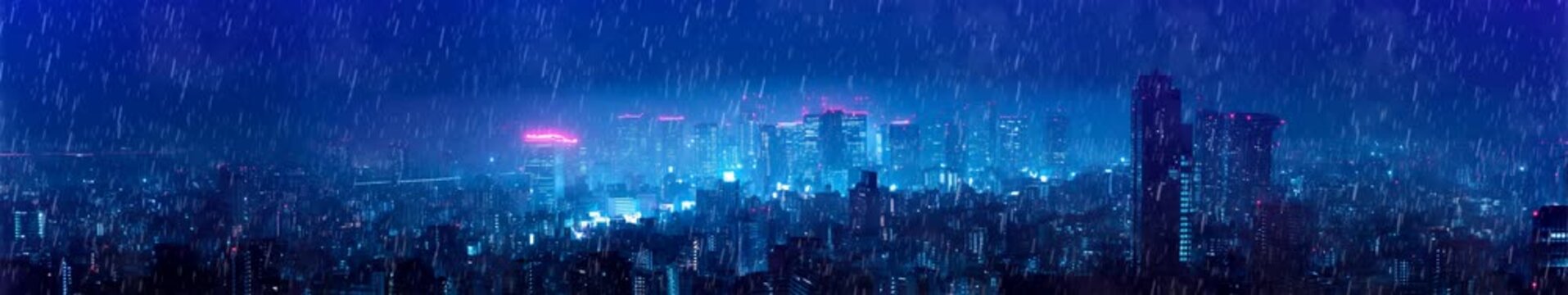 Rainy Futuristic City Skyline at Night with Neon Blue Lights in Widescreen Panorama