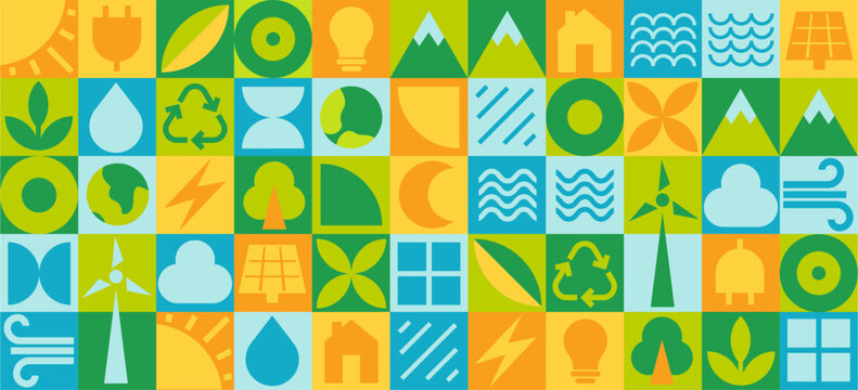 Seamless eco pattern, background in a vector illustration with renewable energy and green technology symbols