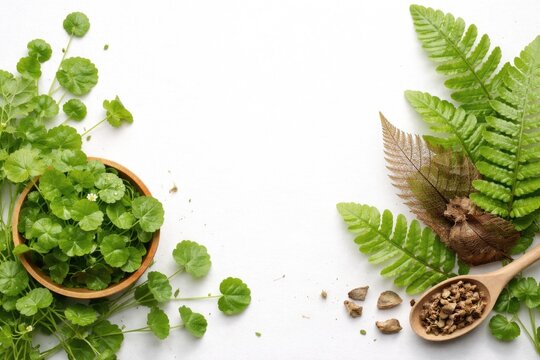 Brahmi and Drynaria Leaves Composition on White Background with Space for Herbal Wellness Copy