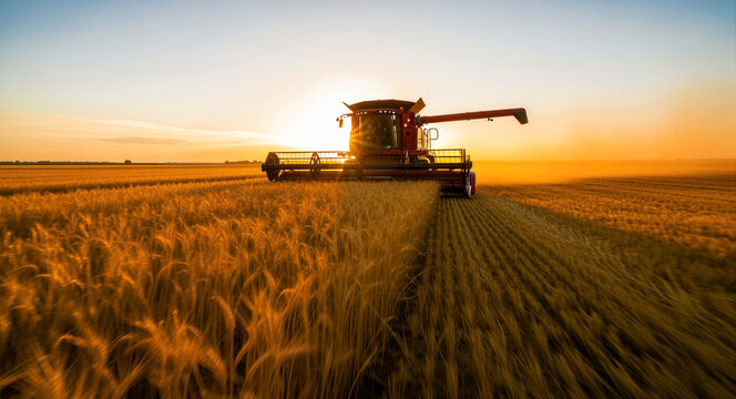 Large combine harvester working in a vast golden wheat field at sunset. Modern agricultural machinery gathering grain during harvest season. Agribusiness and food production concept.