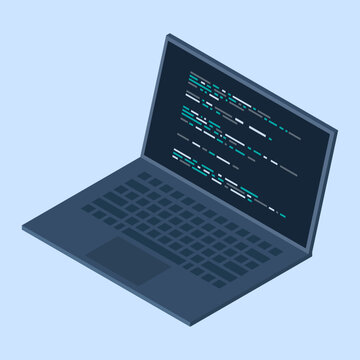 Isometric laptop. Programming on laptop concept with program code. Program code on a laptop screen. Isometric technology. Vector illustration