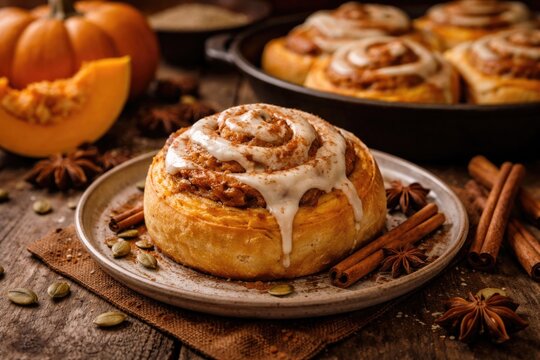 Fresh pumpkin cinnamon roll with aromatic spices on a farmhouse table