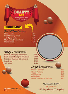 A beauty salon price list featuring a range of facial, body, and nail treatments. This graphic is ideal for beauty businesses, spa marketing, and advertising services.