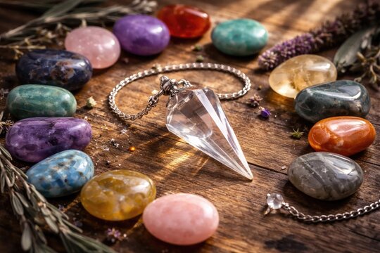 Crystal pendulum and colorful healing stones set on a natural wood background