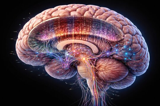 Comprehensive human brain diagram presenting cortical layers and central nervous system connections