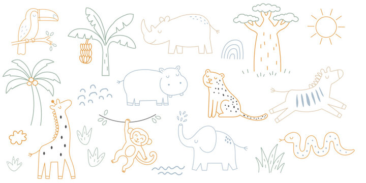 Sweet Savannah safari animals doodle including elephant rhino cheetah hippo and monkey