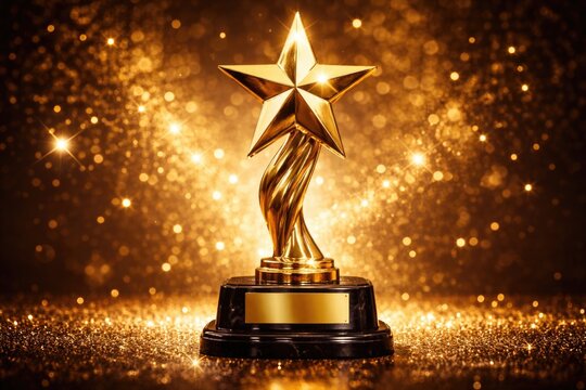 Glowing gold star award mounted on base with sparkling golden textured background highlighting outstanding employee performance