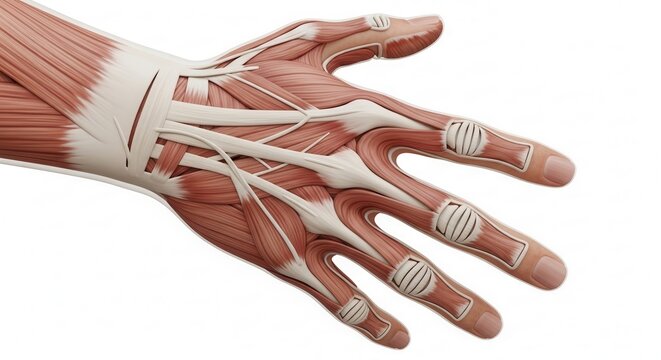 Anatomical illustration showcasing the intricate musculature and tendon system of the human hand, highlighting joint articulation and connective tissues.