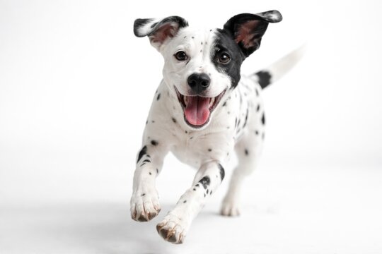 Energetic young dog with monochrome spots on an all white surface