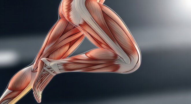Anatomical illustration showcasing the musculature and skeletal structure of a human leg in motion.