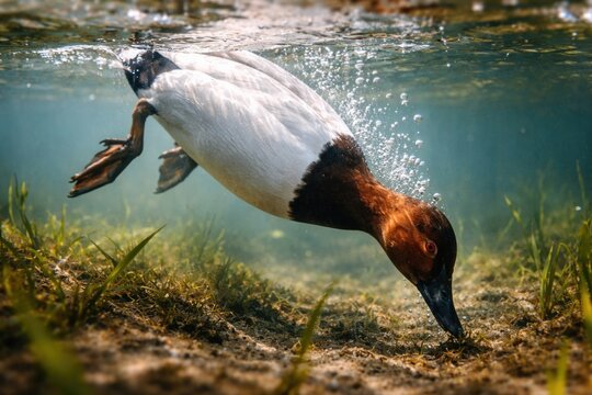 Close observation of a Canvasback duck submerged in spring waters