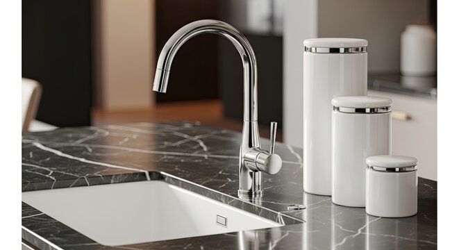 Modern kitchen interior design with faucet sink and white canisters