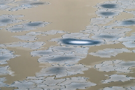 View of ice floes scattered across the water's surface, creating an abstract mosaic of whites, grays, and browns, reflecting the cold winter sky, Tallinn, Estonia.