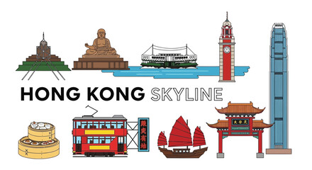 Hong Kong city skyline landmarks illustration. © Kenywanch