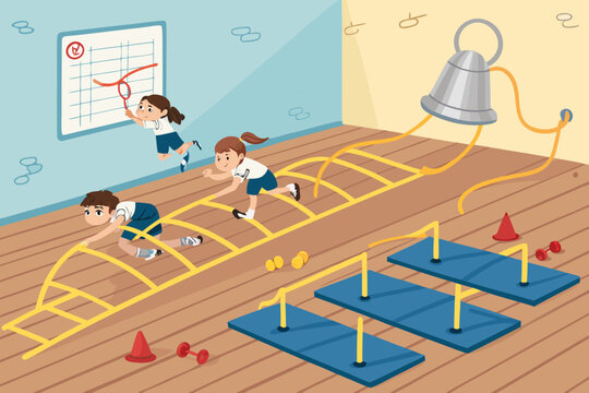 Gym Class Obstacle Course Scene With Children Craw