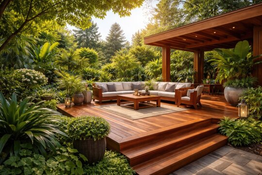 Luxurious red cedar outdoor deck amidst thriving green plants under a bright sky featuring warm wood detailing