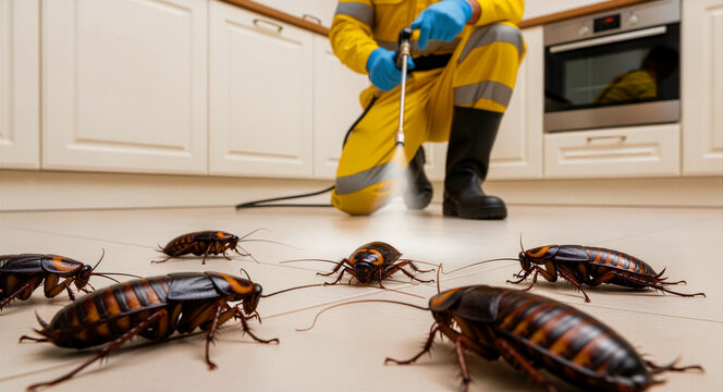 Pest control professional spraying large cockroaches on a kitchen floor. Exterminator using equipment to eliminate an insect infestation. Hygiene service concept for pest management marketing.