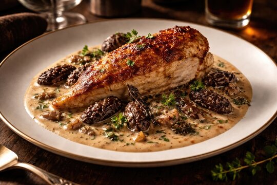 Classic French poultry entree with morels and luscious cream sauce