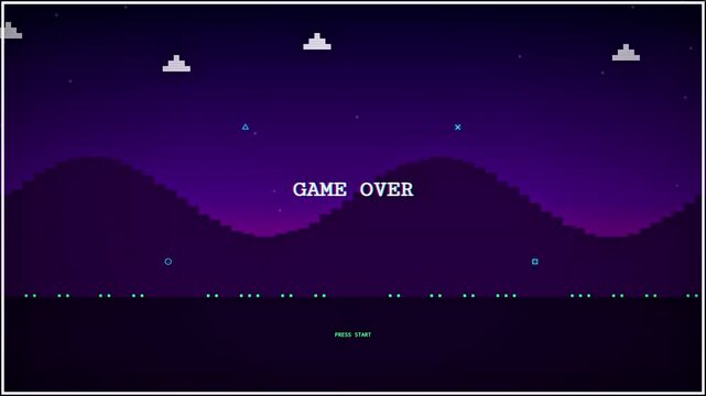Retro pixel art game over screen with moving shapes
