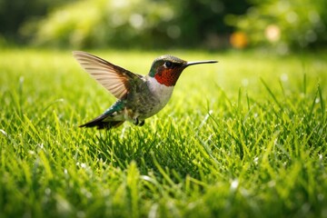 Obraz premium Energetic pet hummingbird buzzing through a dense green grass lawn on a clear summer day shown in full length