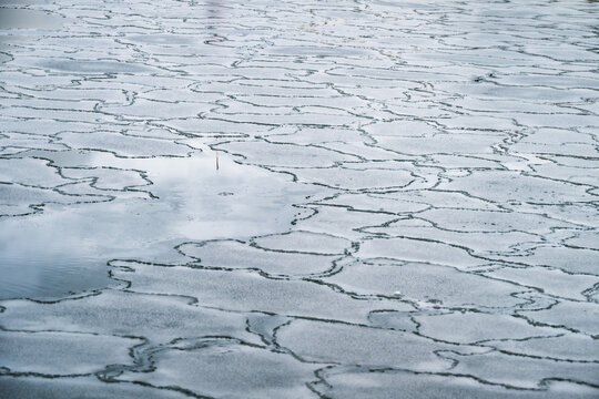 View of fractured ice floes, a mosaic of frozen artistry, drift on the water's surface, reflecting the muted winter sky, Tallinn, Estonia.