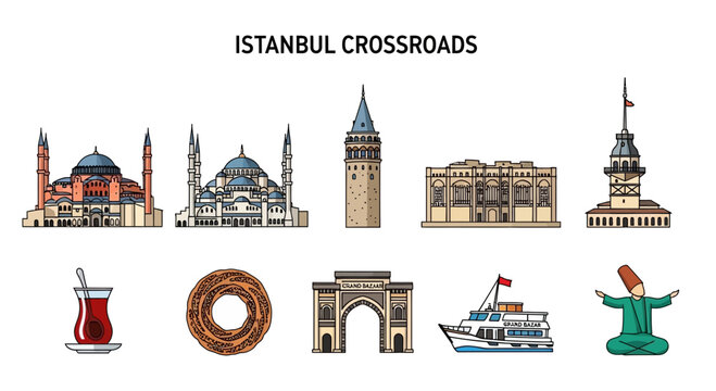 Istanbul landmarks and cultural symbols collage.