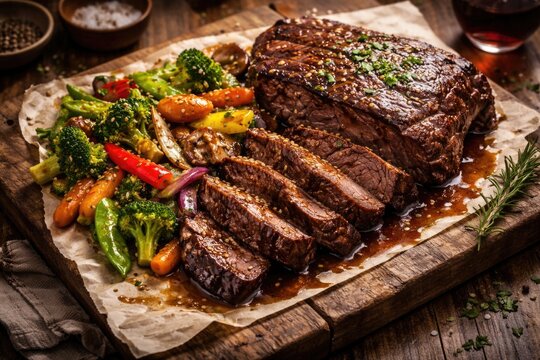 Hearty angus rump beef slow simmered and served with stir fried vegetables on rustic board