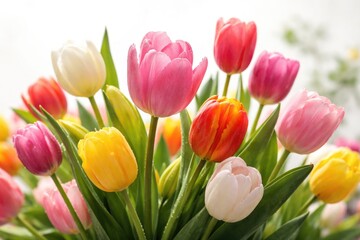 Obraz premium Lush tulip flowers flourishing with vivid spring tones on neutral white background