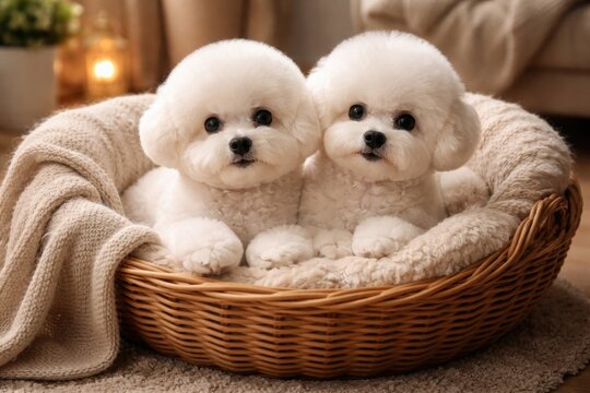 Cute Bichon Frise dogs displaying chic trims snuggled in an inviting indoor pet basket