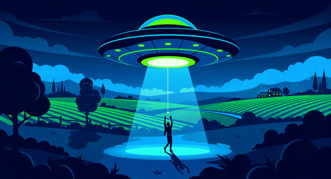 Alien UFO hovering over rural fields with a bright tractor beam at night. Silhouette of a person under the spacecraft in a flat vector style. Sci-fi abduction theme for mystery and paranormal content.
