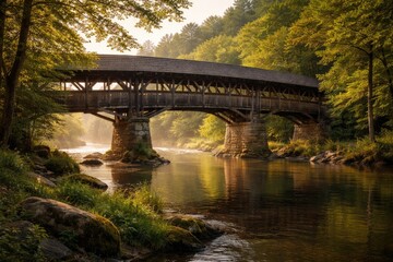 Fototapeta premium Historic wooden bridge over tranquil river in natural landscape