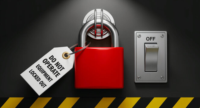 Red padlock with lockout tag secured to industrial electrical switch. Safety tag reads Do Not Operate Equipment Locked Out next to power switch. LOTO procedure and workplace safety concept.