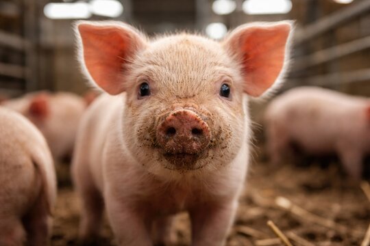 Cute young pig with a soiled snout captured indoors at a breeding facility