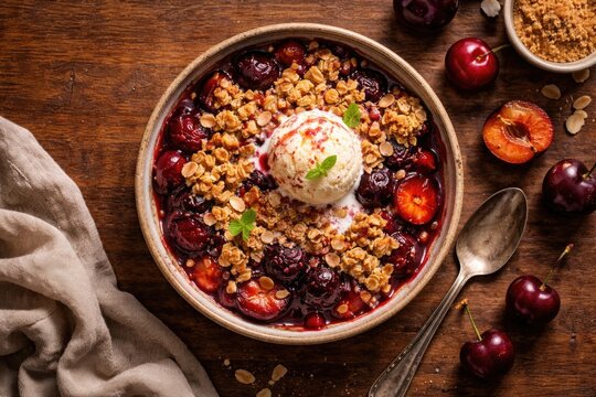 Cherry and plum crumble dessert in a bowl captured from above on a wooden surface with ample copy space